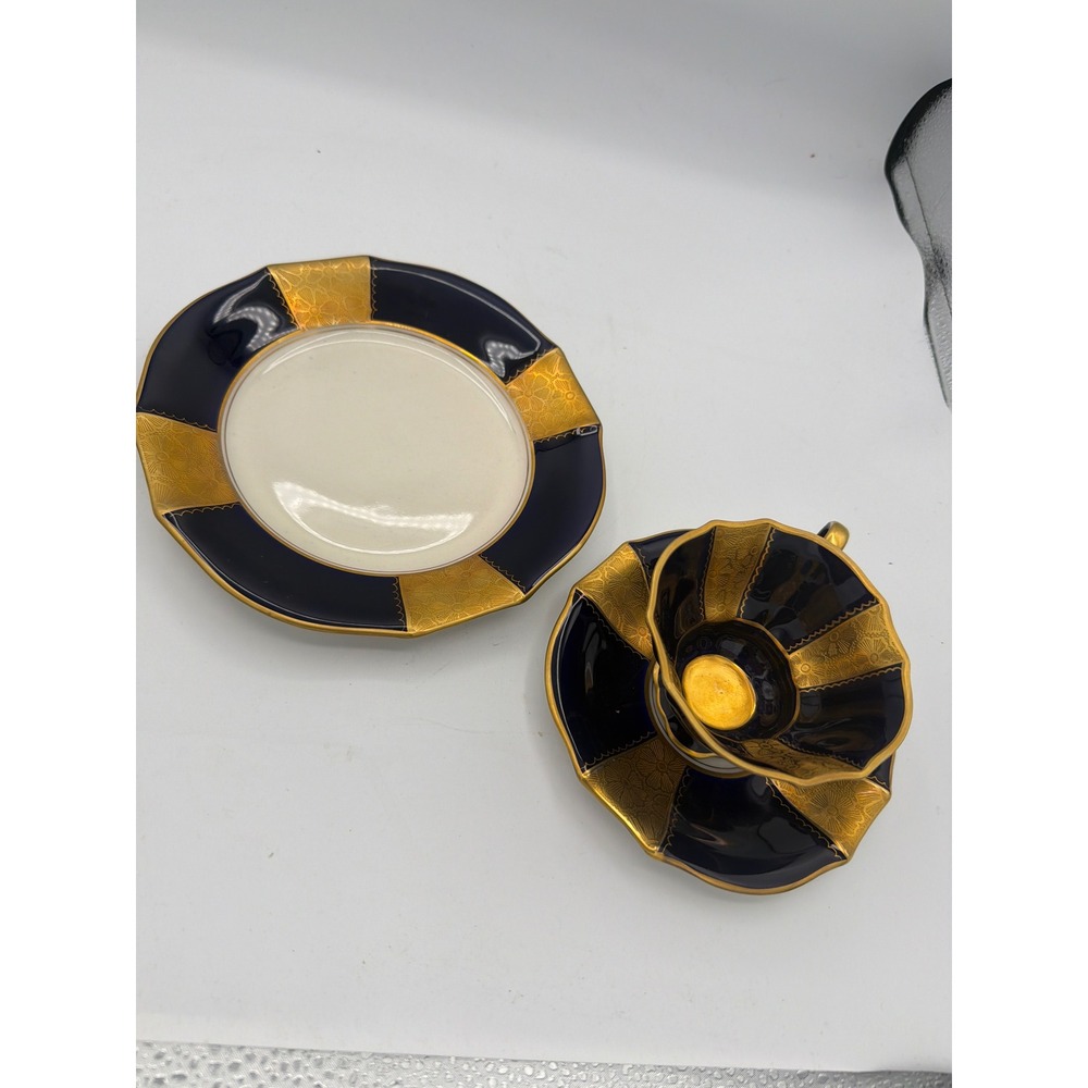 Vtg Lindner Küps Bavaria Echt Cobalt Gold Demitasse Trio Cup Saucer Plate MCM - Picture 5 of 5